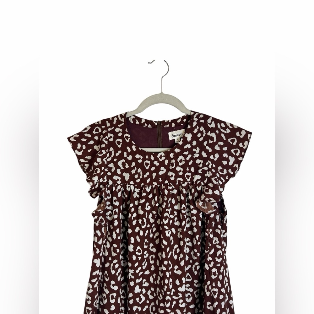&merci Brown & White Leopard Ruffle Short Sleeve Swing Dress Women’s Sz Small - Picture 6 of 13